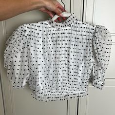 New Never Used Cheap Cotton Polka Dot Blouse, Spring Polka Dot Cotton Tops, Fitted Polka Dot Top For Spring, Polka Dot Short Sleeve Spring Tops, Fitted Polka Dot Shirt For Spring, Spring Short Sleeve Polka Dot Shirt, Dot Tops, Polka Dot Top, White Black