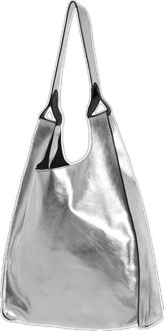 Everyday Silver Shoulder Bag In Soft Leather, Chic Silver Soft Leather Bag, Silver Tote Bag With Leather Handles, Modern Silver Soft Leather Bag, Chic Metallic Leather Shoulder Bag, Chic Everyday Metallic Bags, Chic Silver Leather Hobo Bag, Chic Metallic Everyday Bag, Metallic Soft Leather Shoulder Bag For Everyday Use