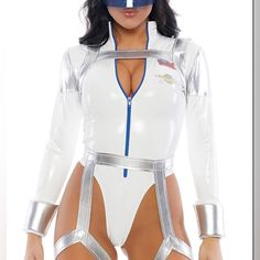 a woman in a white bodysuit and blue visor