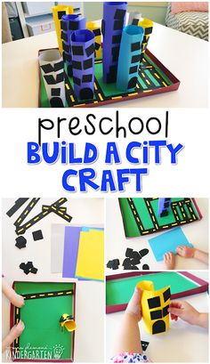 a collage of photos showing how to make a paper city craft with construction materials