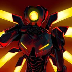 a stylized image of a robot standing in front of bright yellow beams with his hands on his hips