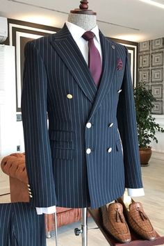 Blue Striped Suit, Double Breasted Suit Men, Double Breasted Tuxedo, Suits Online Shopping, Suits Men Business, Business Suits, Business Men, Navy Blue Suit, Prom Suits