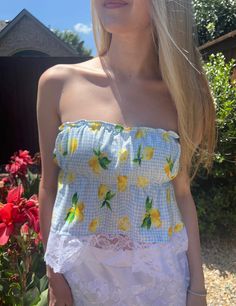 The Sorrento top Summer Vacation Tops With Lemon Print, Lemon Print Summer Tops, Summer Lemon Print Tops For Vacation, Summer Tops With Lemon Print For Vacation, Vacation Sleeveless Tops With Lemon Print, Sleeveless Tops With Lemon Print For Vacation, Beach Cotton Tops With Lemon Print, Summer Bandeau Top For Brunch, Yellow Summer Style Tube Top