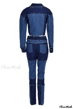 Olivia Mark - Stylish Two-Piece Set: Blue Denim Casual Patchwork Print Washed Pencil Long Sleeve Venetian Fashion, Denim Style Casual, Two Piece Suits, Backless Romper, Patchwork Print, Straight Dress, Casual Denim, Olivia Mark, Denim Fashion