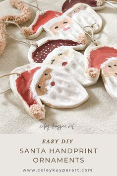 santa handprint ornaments with text overlay that says easy diy