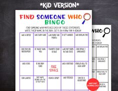 Add lots of fun with this Kid Version Find Someone Who Bingo Game. Perfect for the first day of school, as an icebreaker game, for family reunions, team meetings, club meetings, office game, and team-building events. This game is designed to help people get to know each other. It is often called a Human Bingo Game and it is always a big hit! The Kid Version Find Someone Bingo game is perfect for all ages and encourages participants to mingle and interact. It's a great opportunity to foster frien Find Someone Who Game, Find Someone Who Bingo, Icebreakers For Kids, Human Bingo, Bingo For Kids, Ice Breaker Games, Office Games, Team Building Events