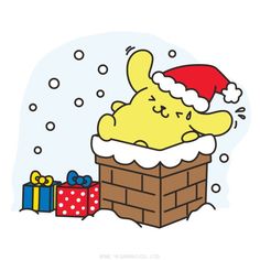 an image of a cartoon character sleeping in the snow with presents under his feet and wearing a santa hat