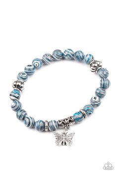 Swirling with blue, black, and white accents, colorful stone beads and ornate silver accents are threaded along stretchy bands around the wrist. A dainty silver butterfly charm dangles from the display, adding a whimsical flair. Sold as one individual bracelet. P9SE-URBL-174XX Butterfly Charm Bracelet, Wish Bracelets, Silver Butterfly, Blue Gems, Stretchy Bracelets, White Rhinestone, Butterfly Charm, Metallic Blue, Paparazzi Jewelry