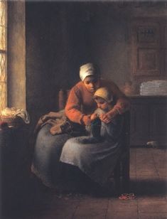 a painting of a woman and child sitting on a chair