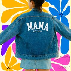 Celebrate your amazing mama with this personalized Mama Jean Jacket, a gift that will warm her heart and her wardrobe! This Denim Jean Jacket for Mama is a stylish and versatile piece that she will love to wear on any occasion. The custom design adds a special touch to this classic Jean Jacket, making it the perfect gift for your mom's birthday or any special day.  This classic denim jacket for men features a lapel collar and button-front closure for a timeless look. With convenient front slant Casual Spring Outerwear For Birthday, Fall Long Sleeve Outerwear For Birthday, Customizable Casual Fall Outerwear, Women Jean Jacket, Denim Jacket For Men, Gift For Mom Birthday, Jacket Making, Design Jacket, Mom's Birthday