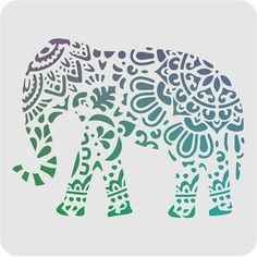 an elephant with intricate patterns on it's body is shown in green and blue