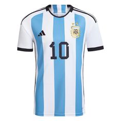 a soccer jersey with the number 10 on it, in white and light blue stripes