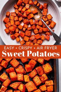 easy crispy air fryer sweet potatoes in a white bowl with a spoon on the side