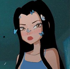 a cartoon girl with butterflies on her face