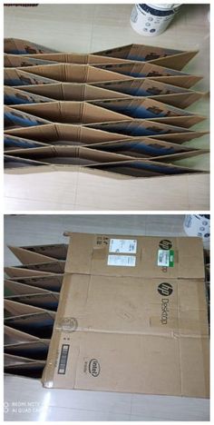 there are two pictures of cardboard boxes stacked on top of each other and the same box is open