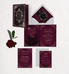 the wedding stationery is laid out on top of each other, including an envelope and matching card