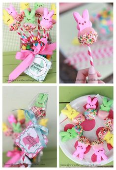 four different pictures of easter treats and candies