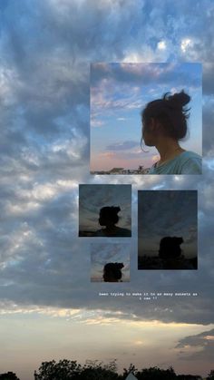 the sky is filled with clouds and there are pictures of a woman's face