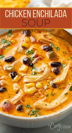 chicken enchilada soup in a white bowl with the title overlay reading chicken enchilada soup