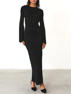 Women's Spring Fall Backless Long Dress Solid Color Long Sleeve Tie Back Boat Neck Party Club Slim Evening Party Outfit, Long Sleeve Backless Dress, Backless Long Dress, Ribbed Maxi Dress, Slim Dress, Party Dress Long Sleeve, Bodycon Maxi Dresses, Backless Maxi Dresses, Slim Dresses