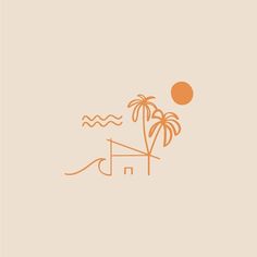 an orange and beige wallpaper with palm trees, waves and the sun in the background