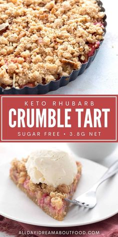 a close up of a pie on a plate with the words crumble tart above it