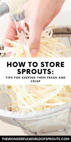 someone grating sprouts in a strainer with the words how to store sprouts tips for keeping them fresh and crisp