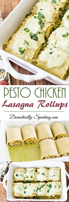 lasagna roll ups with pesto chicken and cheese in a casserole dish