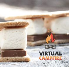 three ice cream sandwiches stacked on top of each other with the words virtual campfire in front of them