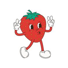 a cartoon strawberry with one hand up and two fingers in the air