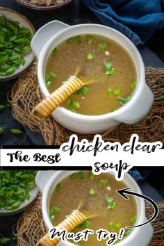 two pictures showing the same soup in different bowls