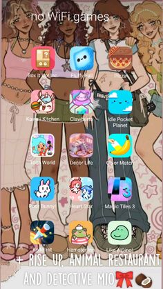 an image of some cartoon characters on a cell phone with the text, no wifi games rise up animal restaurant and selective mio