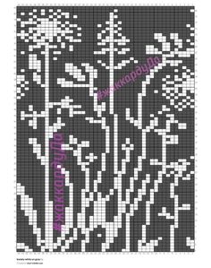 a cross stitch pattern with white flowers on black and purple background, in the middle of an image