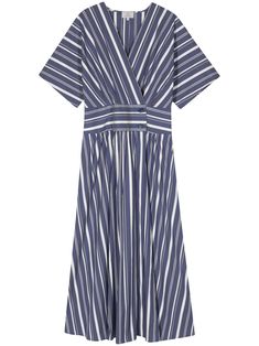 navy blue/white cotton blend multi-way stripe pattern gathered detailing V-neck off-centre front button fastening short sleeves fitted waistline flared skirt straight hem unlined mid-length Elegant Striped Maxi Dress For Daywear, Short Sleeve Dresses With Vertical Stripes For Work, Chic Cotton Dresses With Vertical Stripes, Spring Striped Midi Dress With Short Sleeves, Summer Striped Midi Dress For Workwear, Cotton Short Sleeve Dresses With Vertical Stripes, Striped Cotton Midi Dress With Short Sleeves, Cotton Dress With Vertical Stripes And Short Sleeves, Striped Midi Length Dress For Work