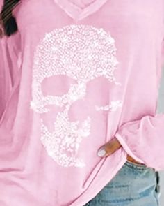 Lasaky - Rhinestone Skull Pattern Casual Long Sleeve T-shirt Long Sleeve Graphic Tee With Skull Print, Casual Pink Top With Skull Print, Rhinestone Skull, Skull Pattern, Cami Set, Graphic Style, Lace Lingerie Set, Lace Cami, Casual T Shirt