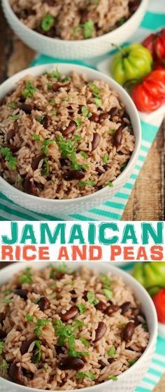 two bowls filled with rice and beans on top of a table