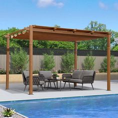 an outdoor dining area next to a pool with chairs and tables under a pergolated roof