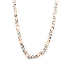 Platinum Chains by Jewelove Platinum & 18K Rose Gold chain for men. Metal : Platinum & 18K Rose Gold Platinum Purity : 95% Gold Purity : 18K Purity Mark : Pt 950 & 18K Length : 20 / 22 / 24 / 26 inches (Length can be custom made on order) Estimated Weight : 26.93 grams (in 20 inches) Certificate of Authenticity : Platinum Guild International This chain is not eligible for exchange or refund. Platinum Gold Chain For Men, Gold And Platinum Chain For Men, Rose Gold Chain For Men, Formal Rose Gold Jewelry With Figaro Chain, Rose Gold Figaro Chain Necklace, White Gold Chain For Men, Platinum Chains For Men, Rose Gold Chain Mens, Mens Chain Designs