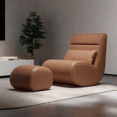 a living room with a chair and ottoman