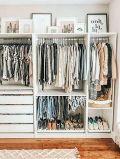 a white closet filled with lots of clothes and shoes