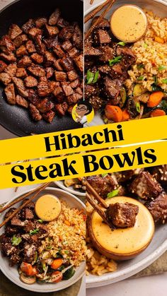 the collage shows different types of meats and rice in various dishes, including steak bowls