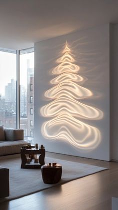 a living room with a christmas tree on the wall