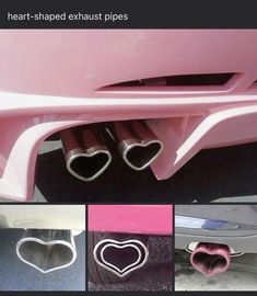 hearts shaped exhaust pipes on the back of a pink car, with four different pictures showing them