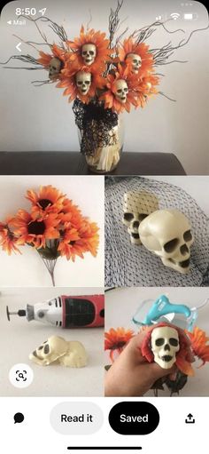 there is a vase with flowers and skulls in it, as well as pictures of the skull