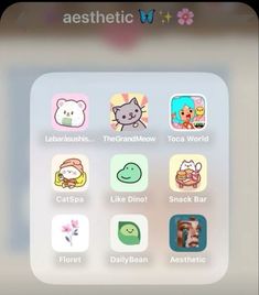 the app is showing different icons on the screen, including cats and other things that appear to be in english