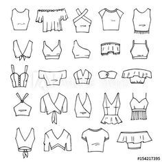 different types of blouses and tops drawn in black ink on white paper stock photo