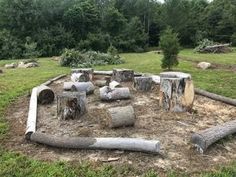 an outdoor area with logs and trees in the background