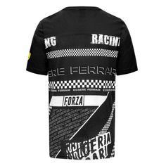 The Ferrari 2023-2024 Fanwear Graphic Tee is a stylish and sleek addition to any Ferrari fan's wardrobe. This eye-catching tee features a sleek black and white color scheme, with a racing pattern that wraps around the entire shirt. The Forza print is prominently displayed on the front and back of the tee, adding to the cool, sporty vibe. Made from high-quality materials, this tee is comfortable to wear and durable enough to withstand frequent wear. Whether you're a die-hard F Sporty Black T-shirt With Logo Print, Black Crew Neck Sporty T-shirt, Sporty Black Tops With Logo Print, Black Sporty Top With Logo Print, Black Sporty T-shirt With Logo Print, Black Urban Top For Fan Merchandise, Black Urban Tops For Fan Merch, Black Sports T-shirt With Graphic Design, Black Fan Merchandise Top With Logo Print