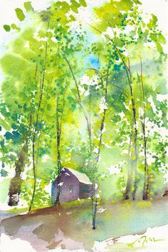 a watercolor painting of a house in the woods