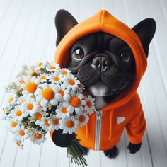 a small dog wearing an orange hoodie holding a bouquet of daisies